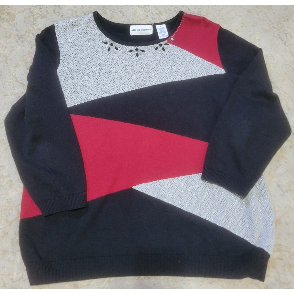 Alfred Dunner Large Black Red Silver Geometric Beaded Knit Sweater 3/4 Slv